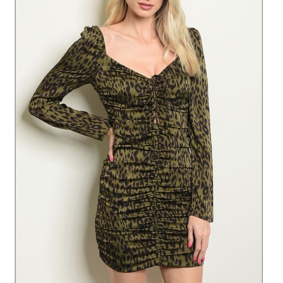 Olive leopard ruched mini dress, NEW!